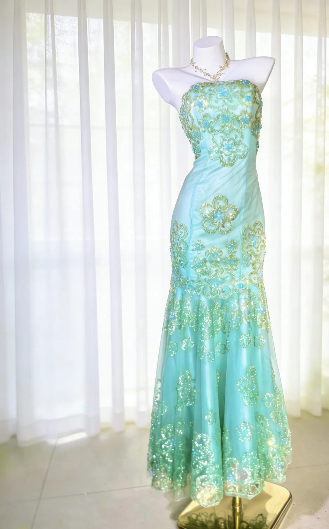 Jolies Robes de Bal Sirène bustier Vert Dentelle avec Perles Longue Robe de Cérémonie N3041