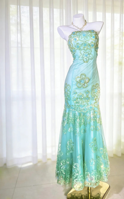 Jolies Robes de Bal Sirène bustier Vert Dentelle avec Perles Longue Robe de Cérémonie N3041