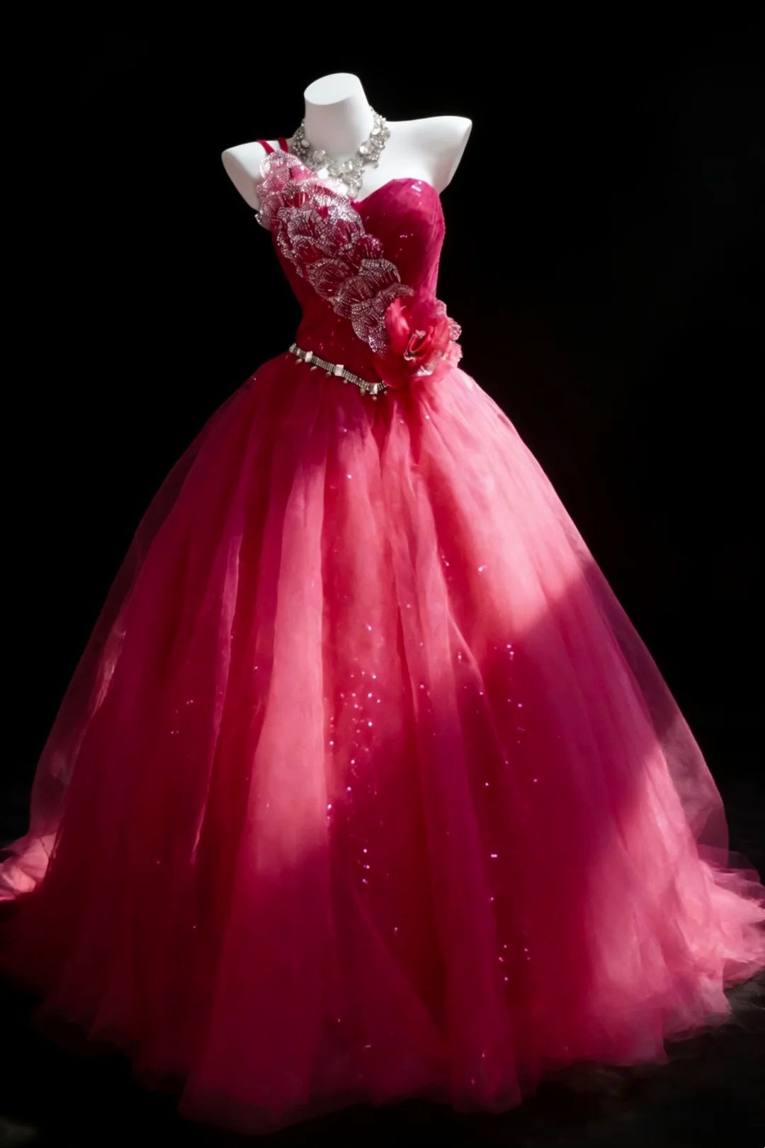 Belles robes de bal pour le bal, robe de bal asymétrique, tulle rose vif avec perles, robe de soirée longue N2955