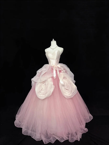 Sweet 15 Quinceanera Dress Ball Gown Spaghetti Straps Pink With Flowers Tulle 15th Birthday Gown RC0251