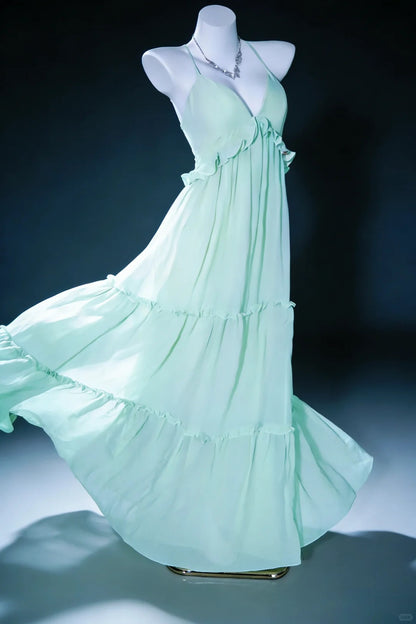Elegante Ballkleider A-Linie Neckholder Salbeigrün Chiffon Rückenfrei Langes Abendkleid N3044