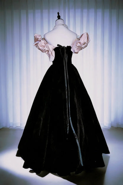Modest Prom Dresses Ball Gown Off The Shoulder Satin Black Pink Satin With Sleeves Long Quince Dress N2964