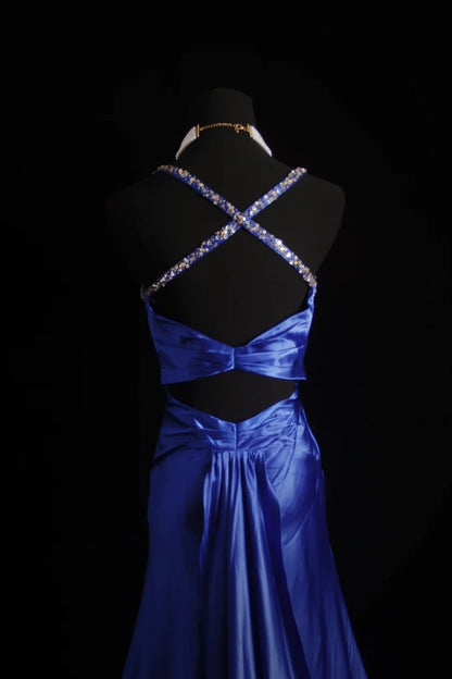 Robe de bal longue rétro sirène à fines bretelles en satin bleu roi, inspiration années 2000, tenue de soirée pour un 18e anniversaire, N497