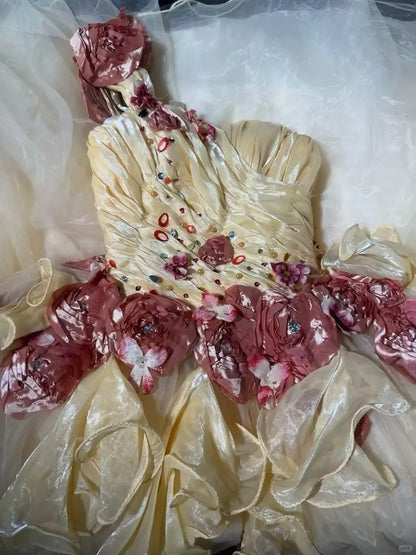 Prinzessin Ballkleid One Shoulder Pastellgelb Tüll Lang Sweet 15 16 Quinceanera Kleider Siebzehn Quince Kleid RB4249