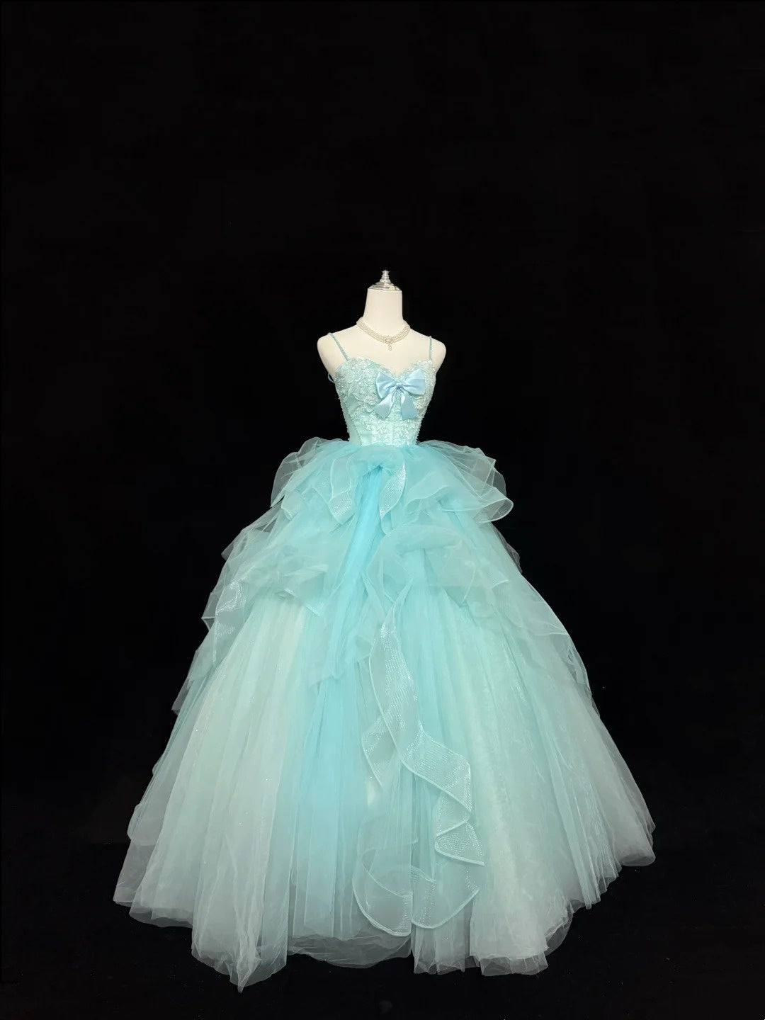 Sweet 15 Quinceanera Dress Ball Gown Spaghetti Straps Blue With Bow-knot Tulle 15th Birthday Gown RC0247