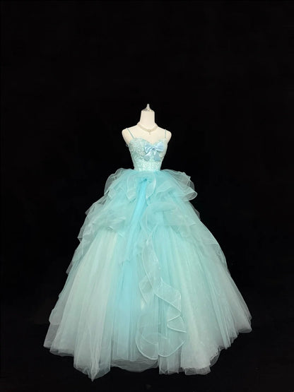 Sweet 15 Quinceanera Dress Ball Gown Spaghetti Straps Blue With Bow-knot Tulle 15th Birthday Gown RC0247