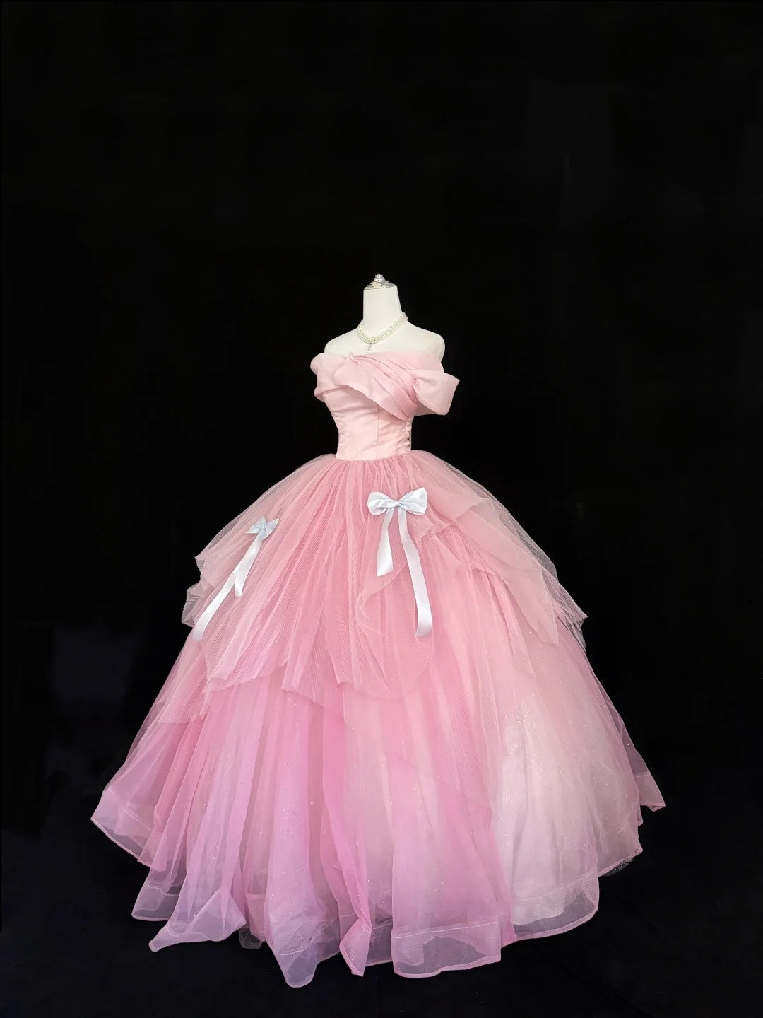 Tulle Prom Dress Long Floor Length Ball Gown Off Shoulder Pink With Sleeves Formal Evening Gown For Women RC0272