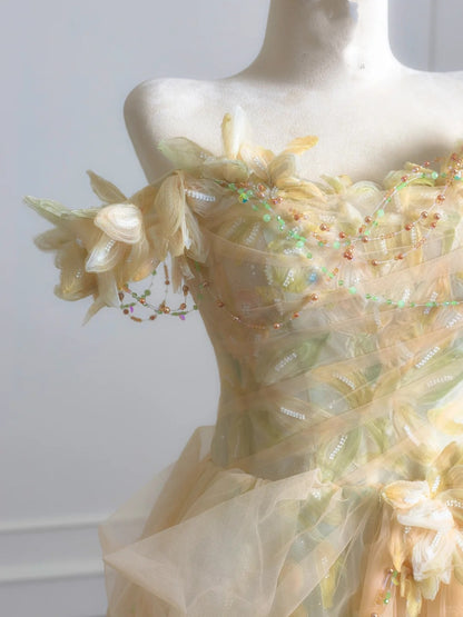 Robe de bal féérique à épaules dénudées en tulle vert à fleurs, longue robe de soirée formelle, robe d'anniversaire formelle, robe de bal N729