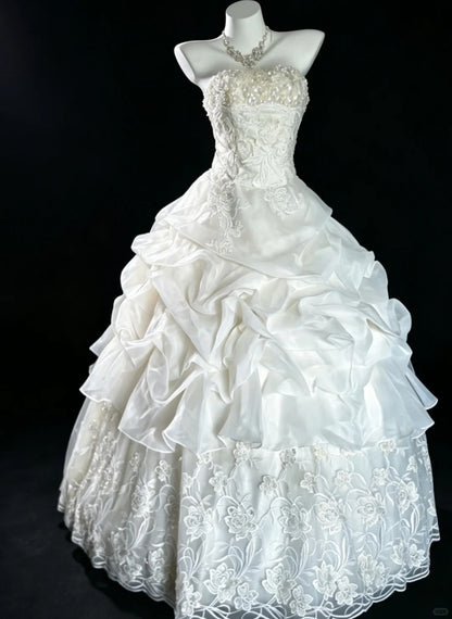 Vintage Brautkleider Ballkleid Trägerlos mit Perlen Sommer Langes Hochzeitskleid N4212