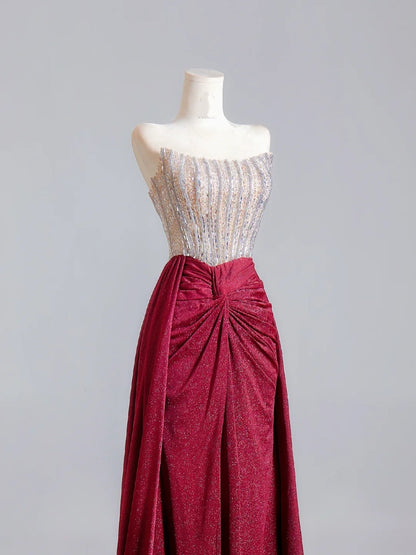 Robe de bal longue bordeaux à paillettes, sans bretelles, fourreau scintillant, idéale pour un 18e anniversaire (N343)