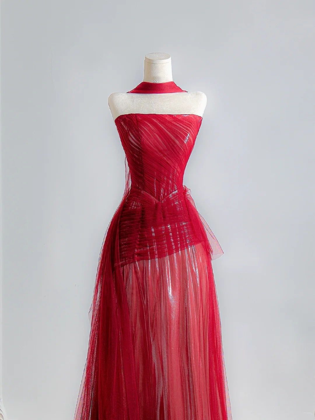 Robe de bal rouge bustier trapèze simple avec foulard, robe de soirée longue, robe de fête d'anniversaire N376