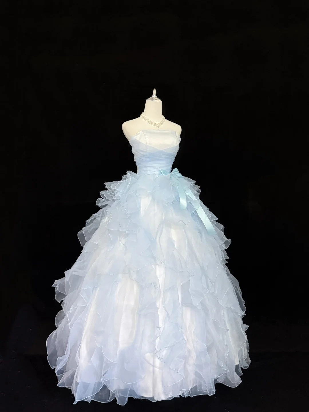 Light Sky Blue Prom Dress Long Floor Length Ball Gown Strapless With Tiered Layers Formal Evening Gown For Women RC0227