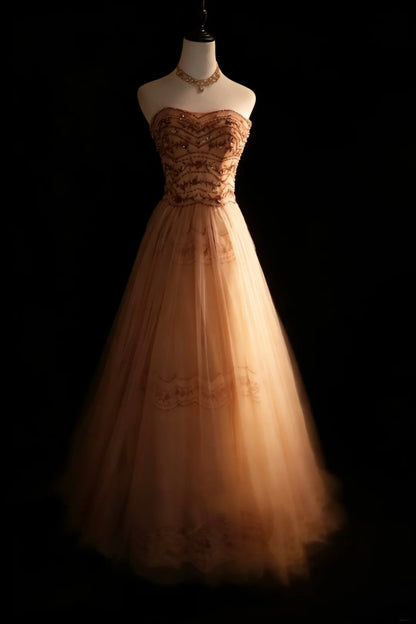 Robes de bal de promo modestes sans bretelles en tulle champagne avec perles longue robe de Quinceañera N2974
