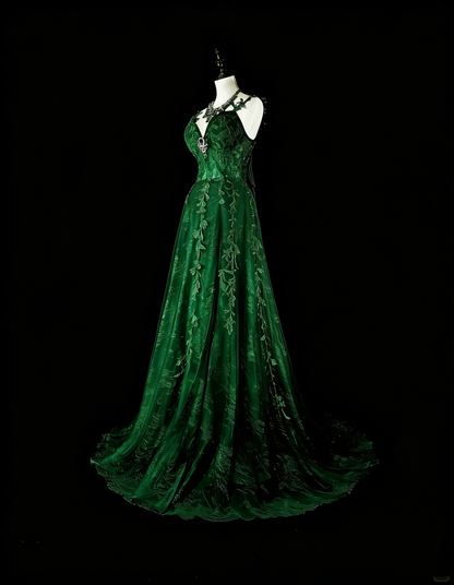 Schlichtes, langes A-Linien-Abendkleid mit Spaghettiträgern aus dunkelgrünem Tüll und Applikationen, Modell N1847