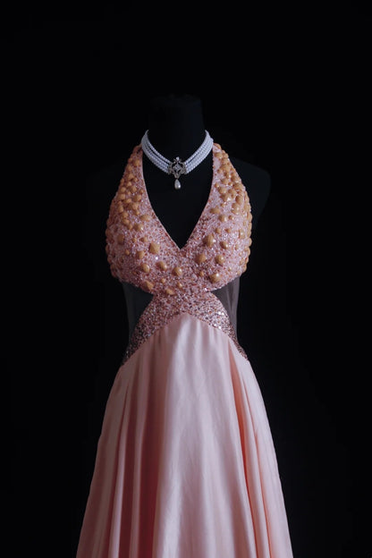 Vintage Prom Dresses Aesthetic 80s Retro A line V Neck Pink Chiffon Floor Length Formal Outfits N2331