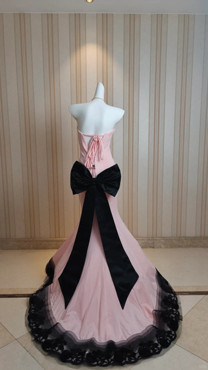 Elegantes Meerjungfrauen-Sweetheart-Kleid aus rosa Chiffon mit schwarzer Spitze für den 18. Geburtstag, elegantes Outfit, formelle Ballkleider N4192