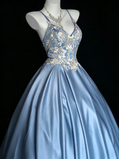 Robe de bal douce à fines bretelles en satin bleu avec dentelle, robes de Sweet 16, robe de Quinceanera longue, robes de soirée pour 15 ans N4203