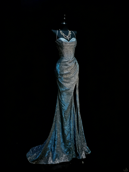 Elegantes, marineblaues Pailletten-Abendkleid mit Spaghettiträgern im Meerjungfrauenstil – perfekt für Partys, Abschlussbälle und Hochzeiten (Modell N926)