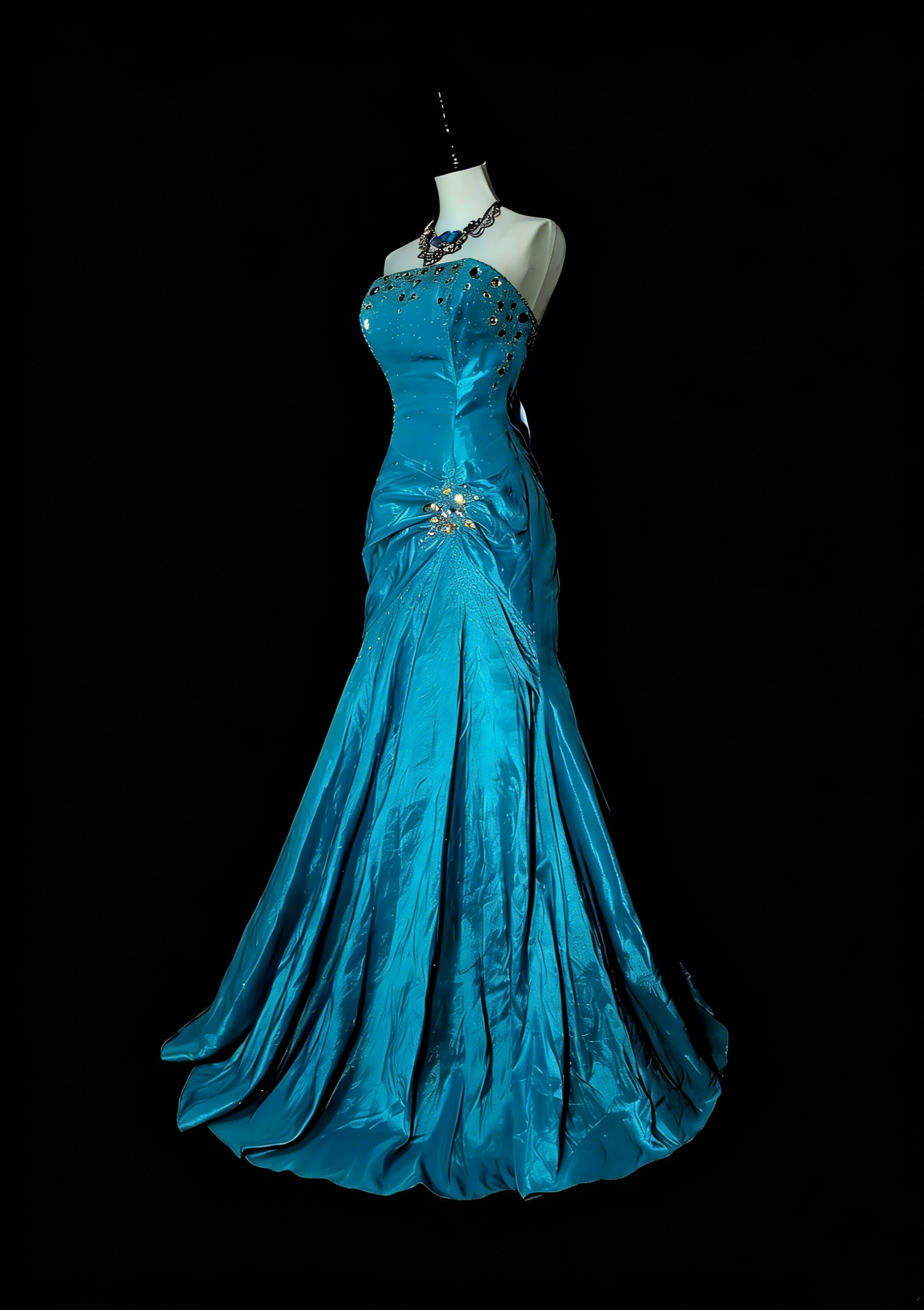 Robe de bal longue sirène vintage sans bretelles, années 2000, ornée de perles dorées, référence N1358