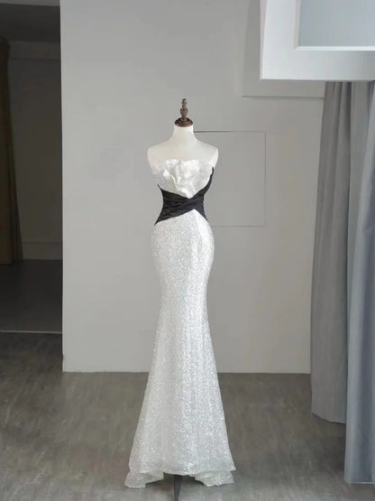 Magnifique robe de bal longue sirène bustier blanche à sequins - Inspiration tenue de soirée N236