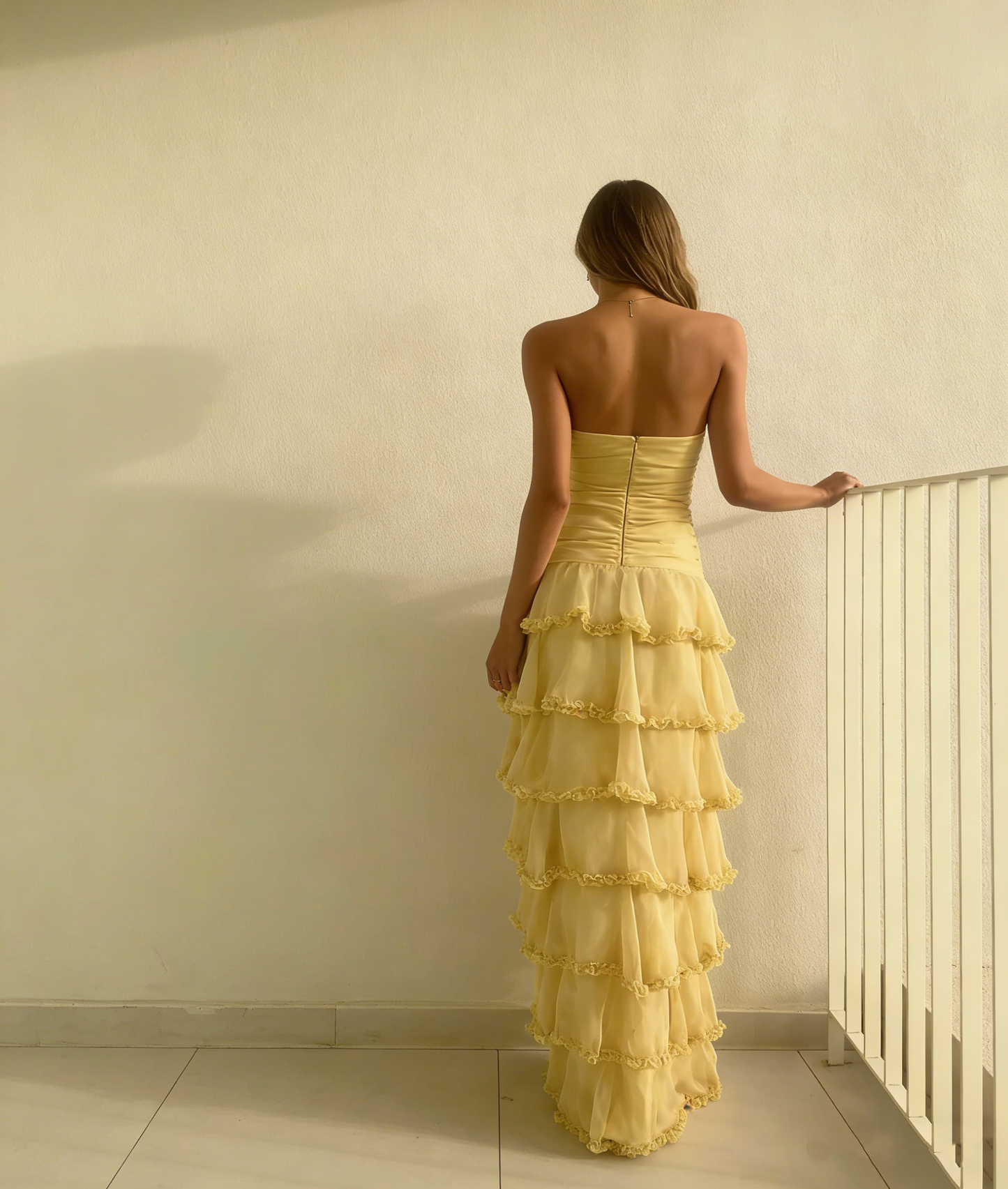 Elegantes, trägerloses, langes, gelbes Chiffon-Abendkleid, Partykleid, Outfit für den 20. Geburtstag, Abschlusskleid N1615