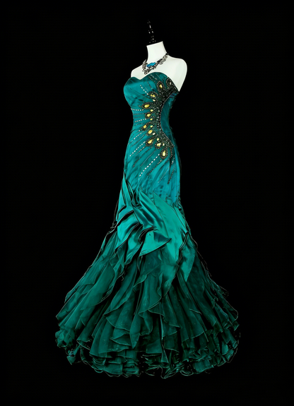 Esthétique des robes de bal vintage Robe longue de soirée sirène rétro en satin vert des années 1970 N2150