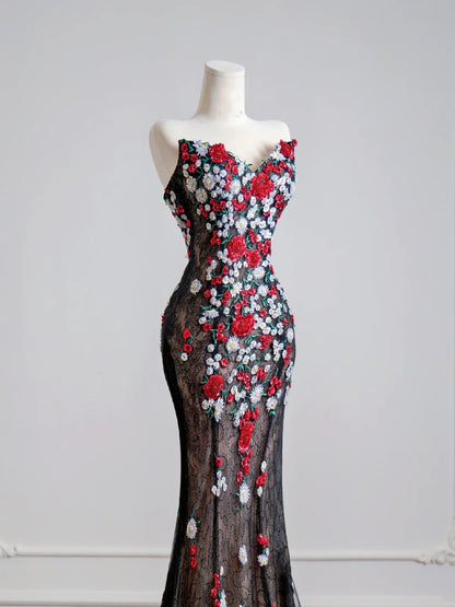 Robe de bal longue sirène en tulle noir avec décolleté cœur et appliques, idéale pour un 18e anniversaire (N344)