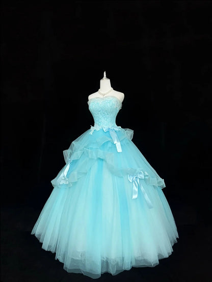Blue Sweet 16 Dresses Long Ball Gown Strapless Lace Tulle Formal Sweet Sixteen Birthday Gown RC0243