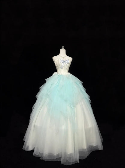 Langes Ballkleid für Sweet 16, langes Geburtstagskleid für den 16. Geburtstag, blaues formelles Tüllkleid mit herzförmigem Ausschnitt RC0304