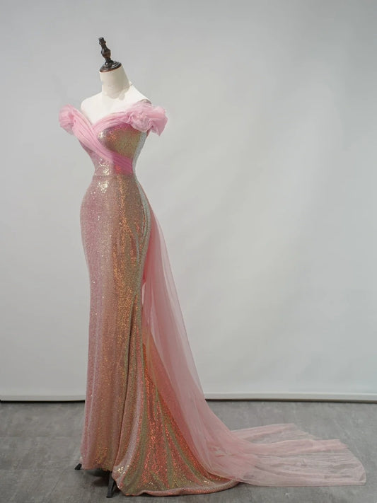 Robe de bal longue sirène rose à paillettes, épaules dénudées, manches courtes, N682
