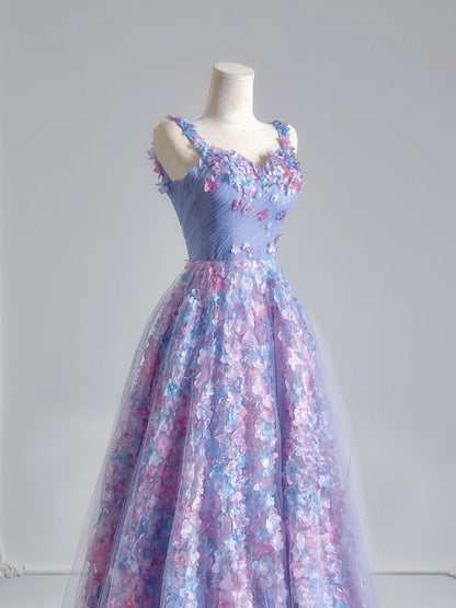 Robe de bal longue de soirée à bretelles spaghetti, coupe princesse, en tulle lilas fleuri, avec foulard intégré, référence N347