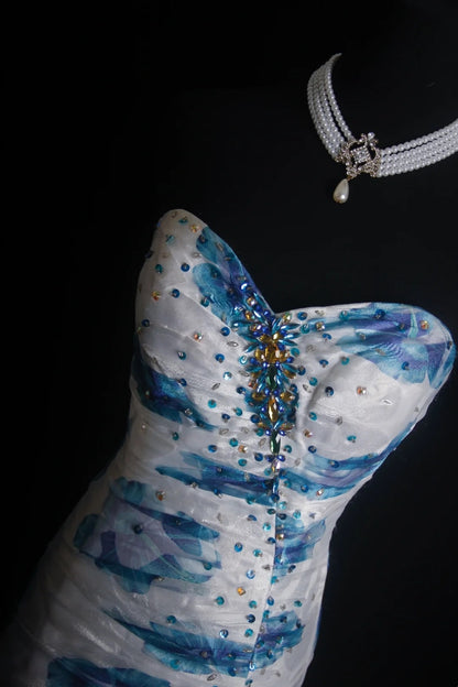 Robe de bal longue rétro sirène à imprimé floral bleu, style années 2000 - Inspiration pour une tenue de 19 ans - Robe de soirée - 499 N