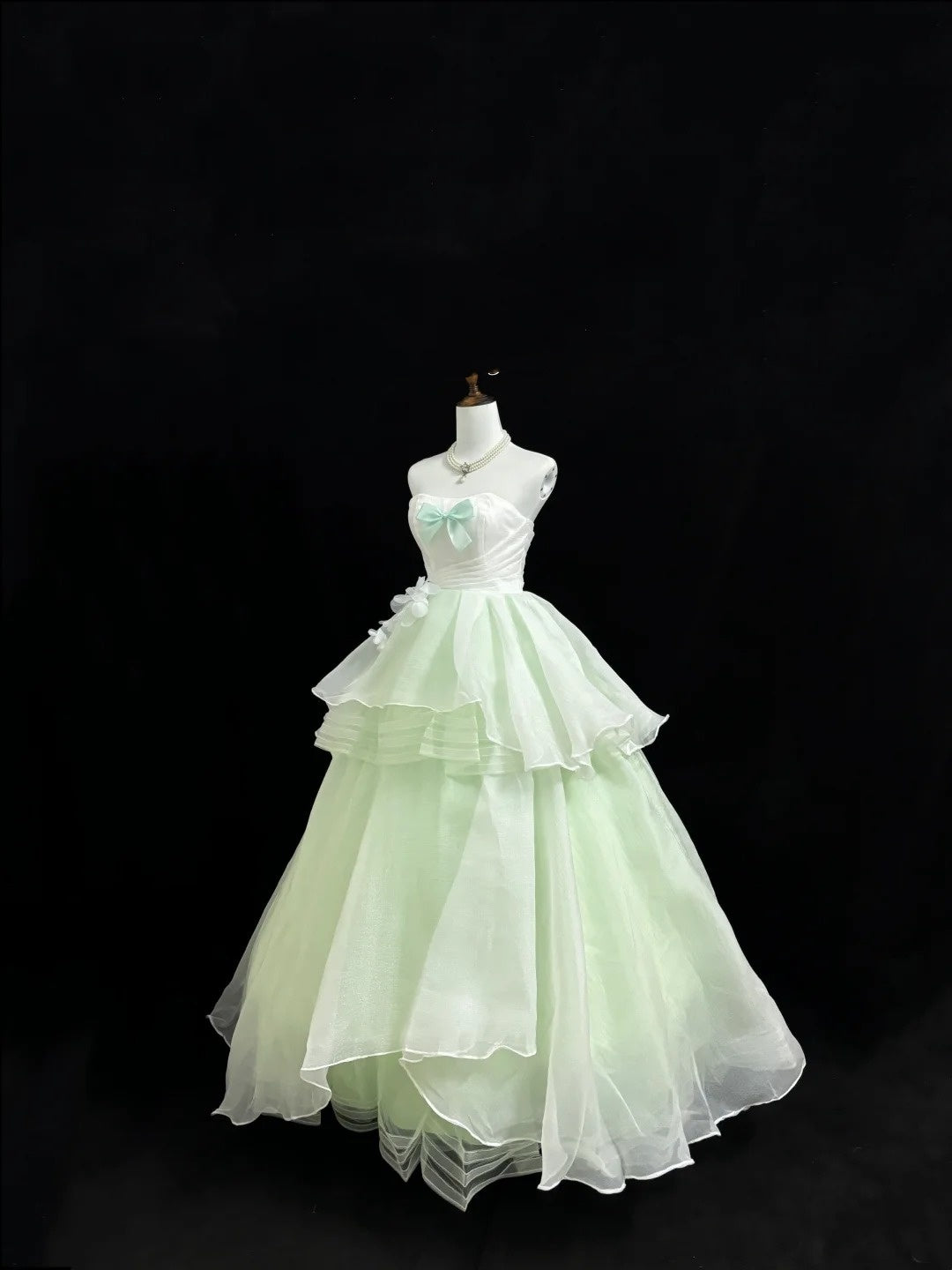 Sweet 15 Quinceanera Dress Ball Gown Strapless Mint Green With Flowers Tiered 15th Birthday Gown RC0231