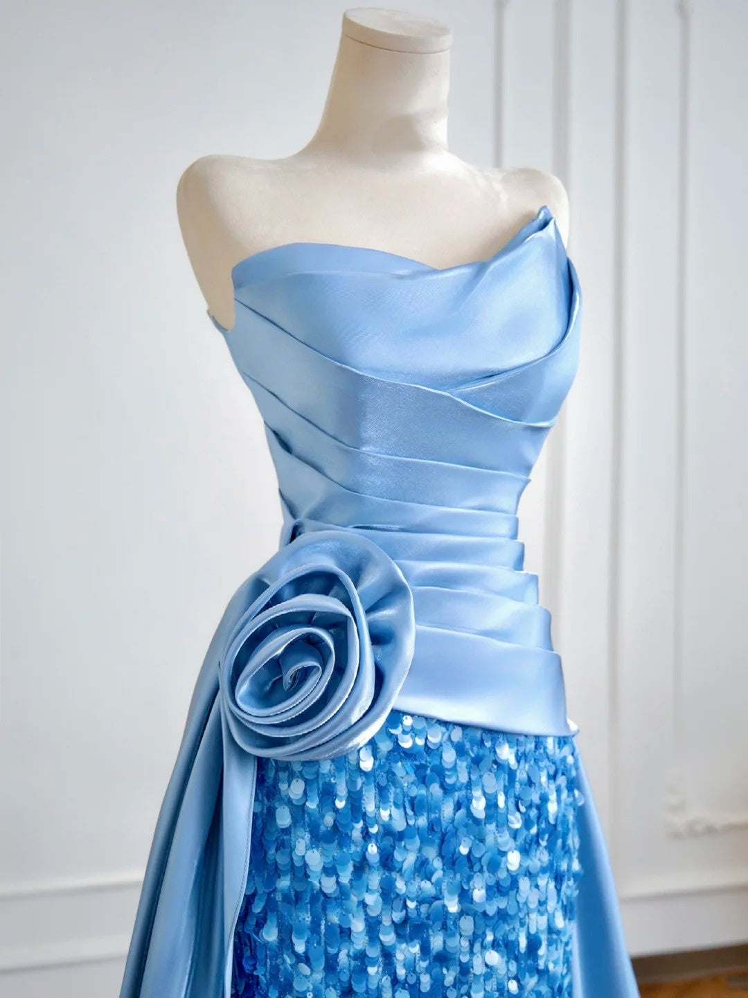 Robe de bal sirène bustier en satin bleu à sequins, longue, pour soirée formelle ou anniversaire, N381