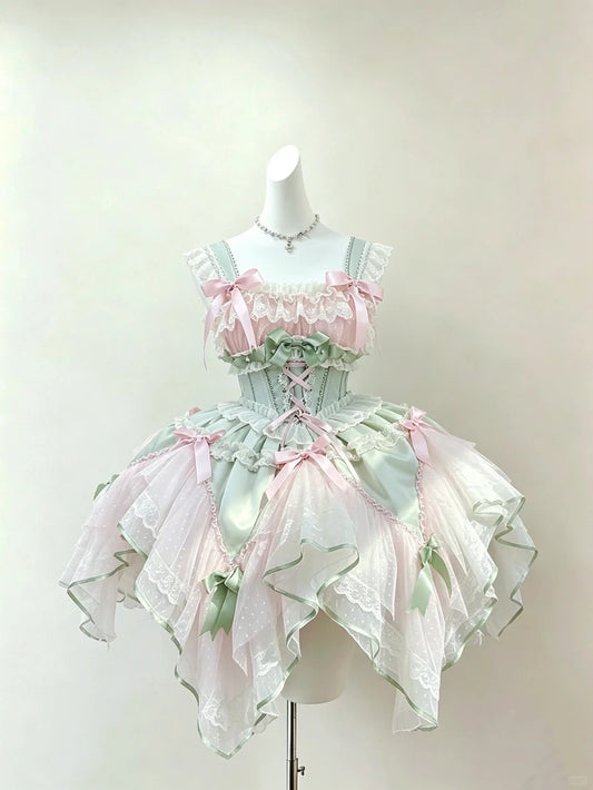 Cute Ball Gown Square Neck Mint Green Pink With Tiered Layers Outfit Party Graduation Lolita Dresses Inspo Senior Homecoming Outfit RB4798