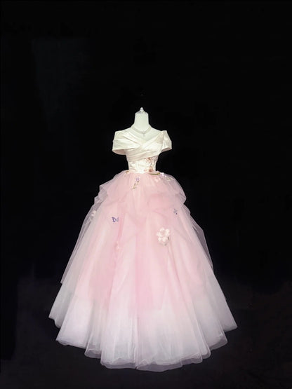 Cute Sweet 16 Dresses Long Ball Gown Off Shoulder Pink Tulle Formal Sweet Sixteen Birthday Gown RC0249