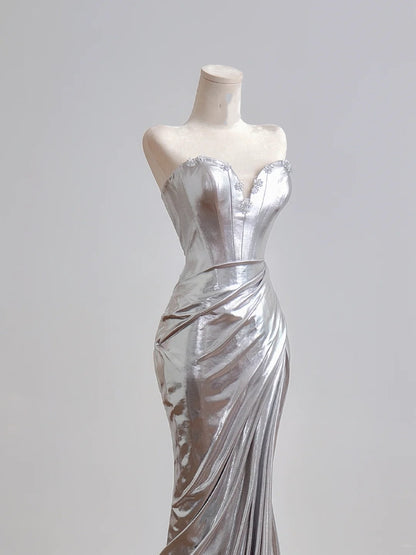 Robe de bal sirène brillante à sequins argentés en forme de cœur, longue robe de soirée formelle avec fente haute, robe de fête N345