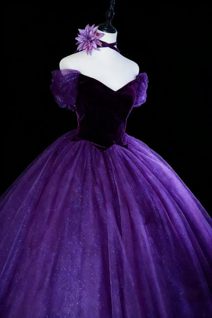 Robes de bal modestes à épaules dénudées en tulle violet avec manches longues Quinceañera N2966