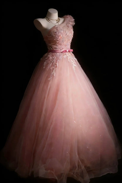 Jolies robes de bal de promo, robe de soirée asymétrique en tulle rose poudré avec appliques, longue robe de soirée N2954