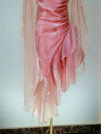 Vintage Prom Dresses 80s Mermaid Spaghetti Straps Pink Irregular Hem Tea Length Formal Outfits RB4315