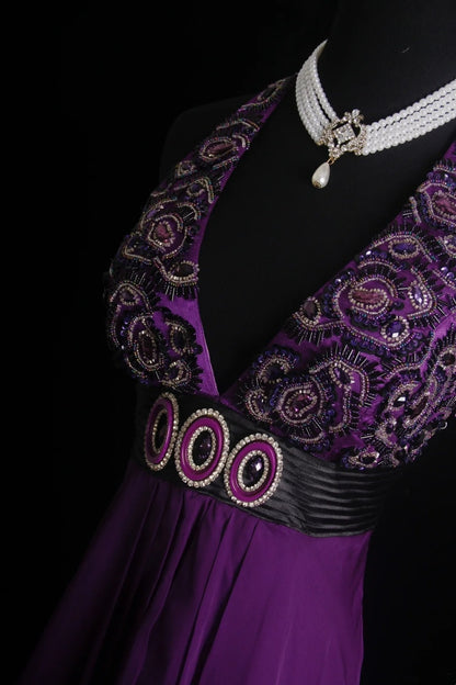 Robe de bal rétro trapèze dos nu en mousseline de soie couleur raisin avec perles, inspiration robe de princesse N774