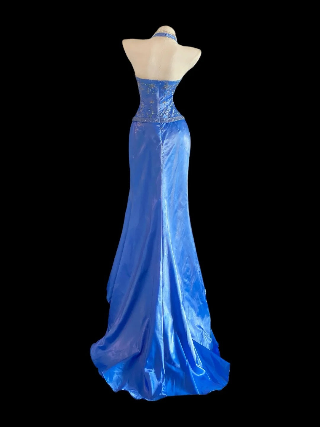 Glitzernde Meerjungfrauen-Neckholder Königlich Blau High-Low Lange Ballkleider Inspo Abend-Outfits RB4016