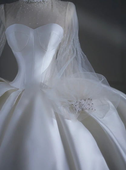 Robe de mariée intemporelle, robe de bal, col montant, satin perlé, traîne courte, robe de mariée longue ajustée AB2521