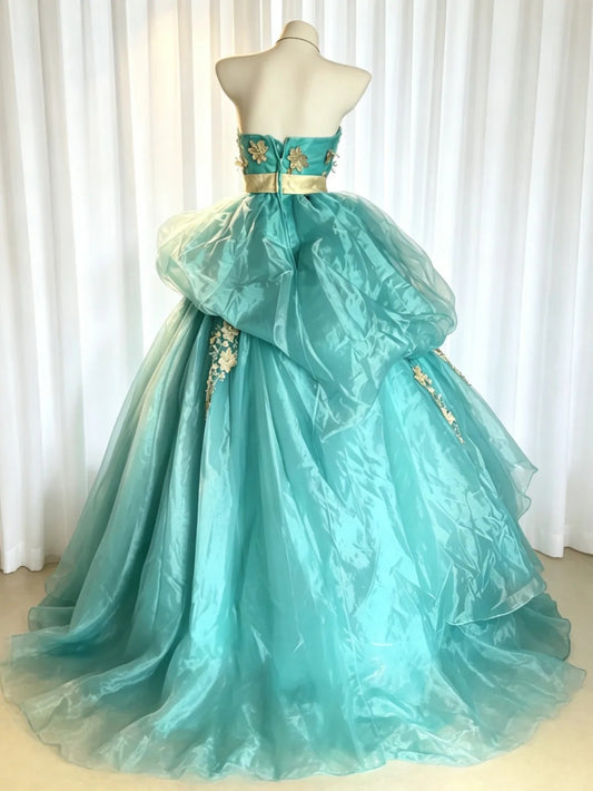 Prinzessin Ballkleid Trägerlos Blau Rüschenlagen Stufenrock Mit Goldener Spitze Sweet 16 Kleider Quinceanera Kleid N4182