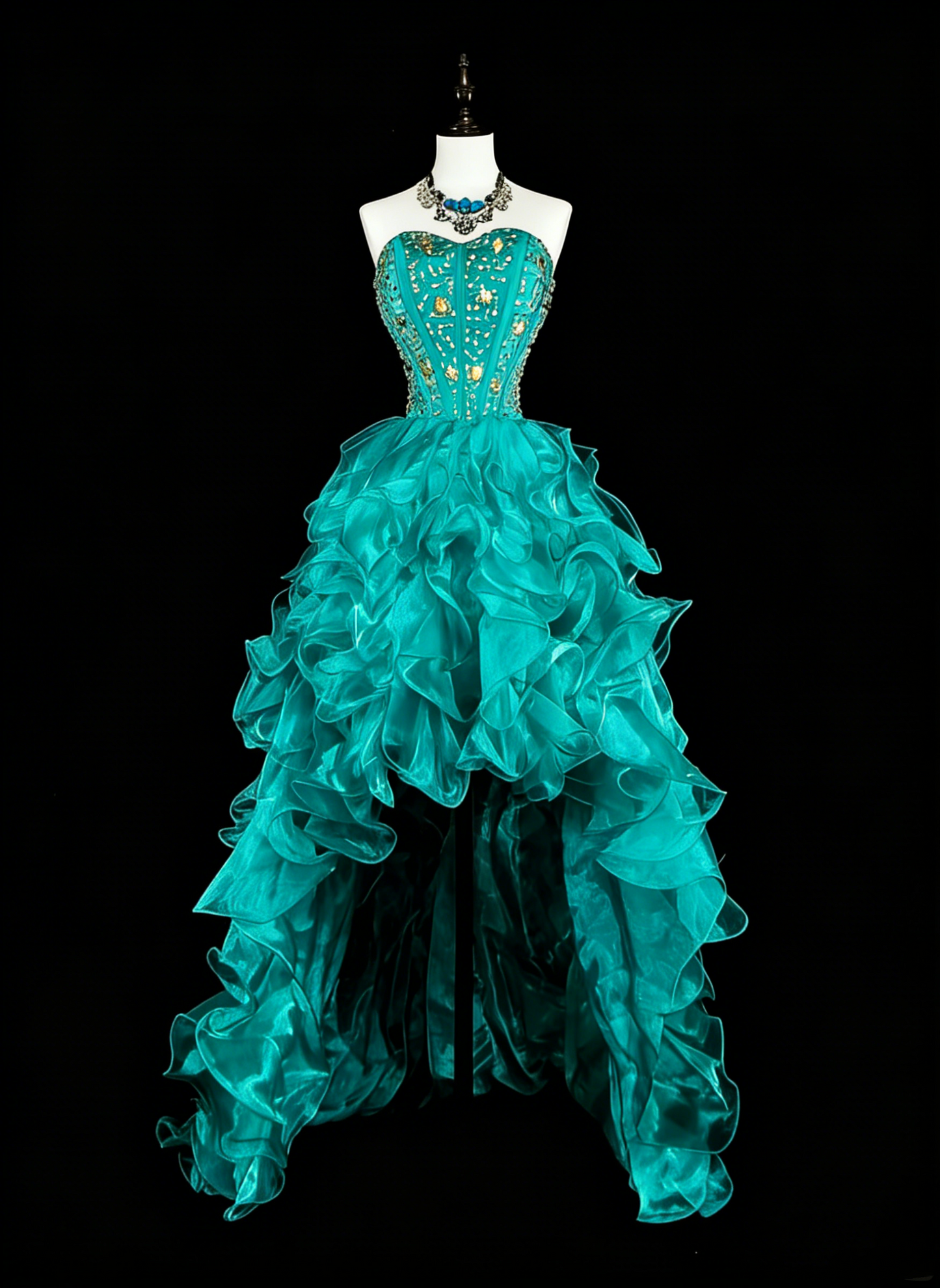Robe de bal longue vintage années 1760, bustier cœur, en organza vert, sans manches, à volants superposés, N1588