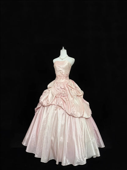 Cute Sweet 16 Dresses Long Ball Gown Strapless Blush Pink Satin With Lace Formal Sweet Sixteen Birthday Gown RC0258