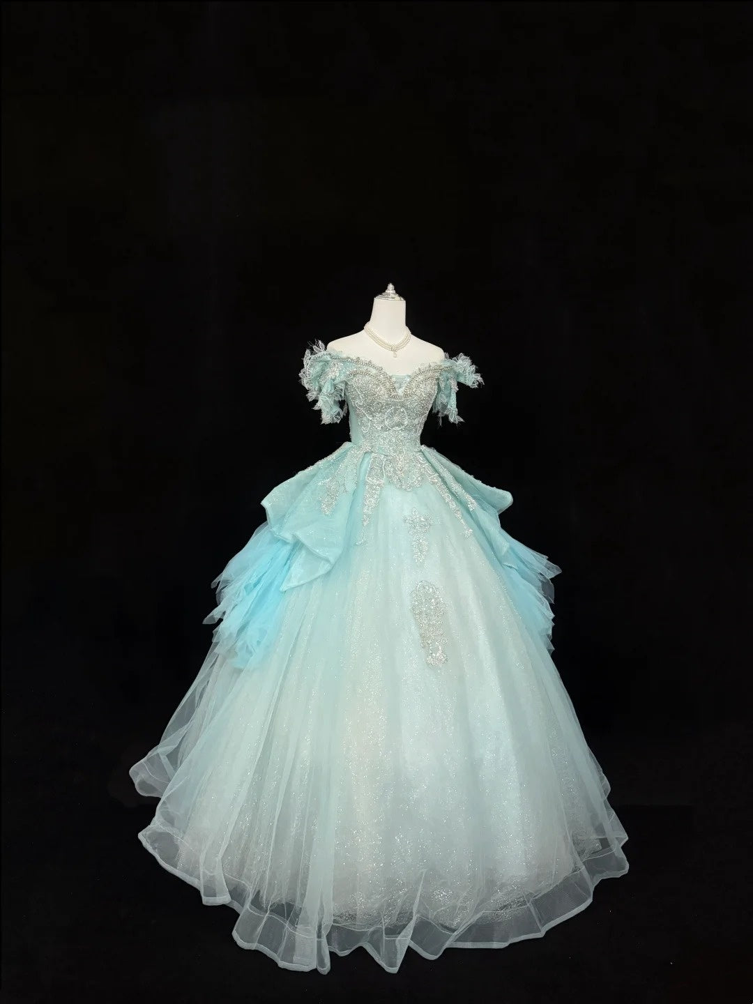 Sweet 15 Quinceanera Dress Ball Gown Off Shoulder Blue With Lace Appliques Tulle 15th Birthday Gown RC0261