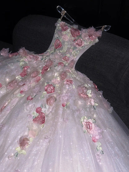 Princess Ball Gown Strapless Pink Floral Tulle Long Formal Evening Dress Formal 18th Birthday Gowns Prom Dresses N736