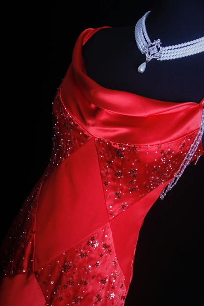 Robe de bal longue rétro sirène à fines bretelles en satin rouge, corsage perlé, inspiration années 90, tenue de soirée pour un 18e anniversaire, N491