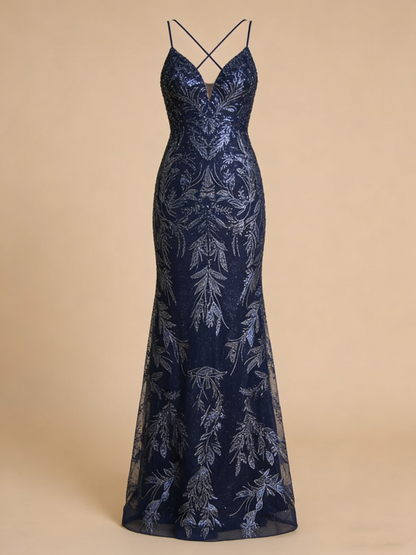 Robe de soirée sirène bleu marine à fines bretelles et sequins, modèle N718